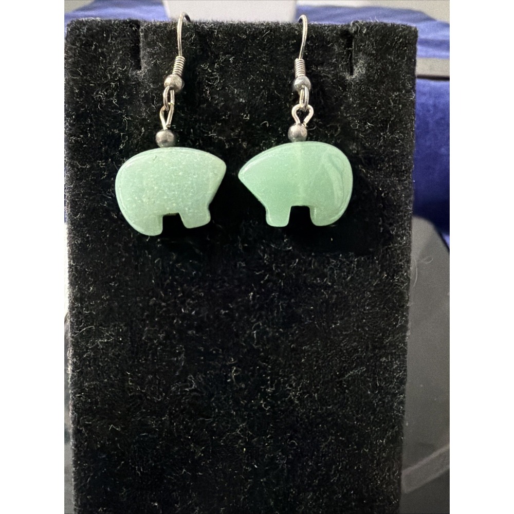 GREEN AGATE HEARTLINE BEAR EARRINGS, Small -Silver Tone Ear Wires